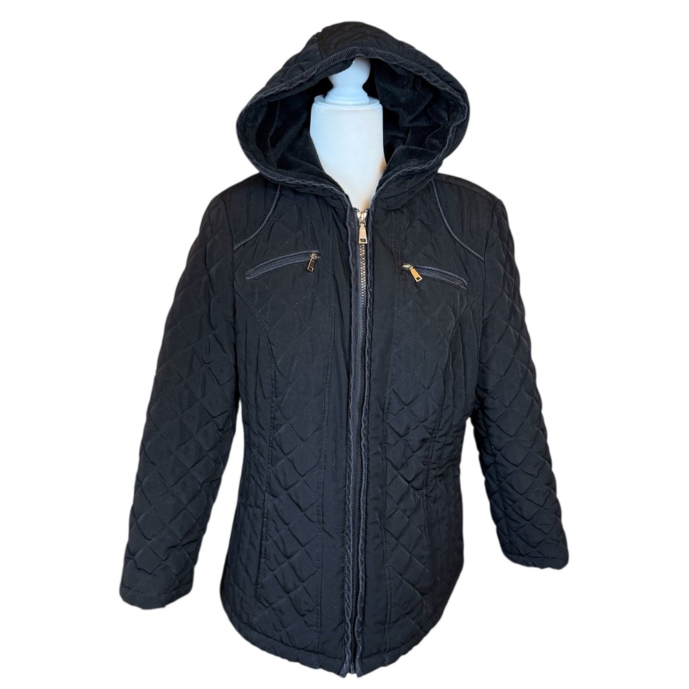 Braetan Women Large Quilted Barn Jacket Zip Up Coat Black Hooded